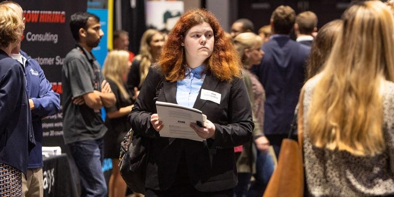 Finance major Samantha Ahrens participates in the annual Job and Internship Fair at the Greenville Convention Center on Wednesday afternoon. (Photo by Rhett Butler)