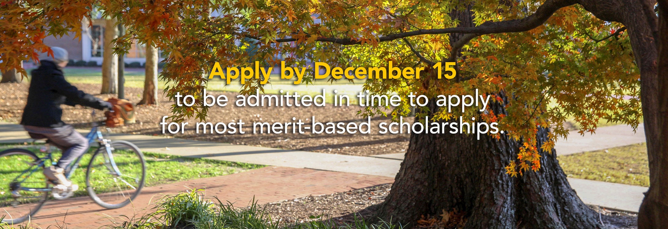 Apply by December 15 to be admitted in time to apply for most merit-based scholarships.